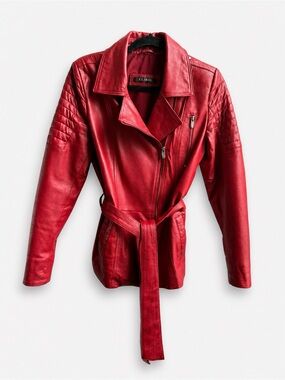 ELIBOL Genuine Turkish Lambskin Red Leather Moto Trench Jacket - Belted